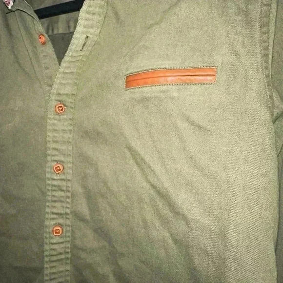 CoofAndy Men's Size Small Army Green Denim Button Down Long Sleeve Shirt - Picture 4 of 7